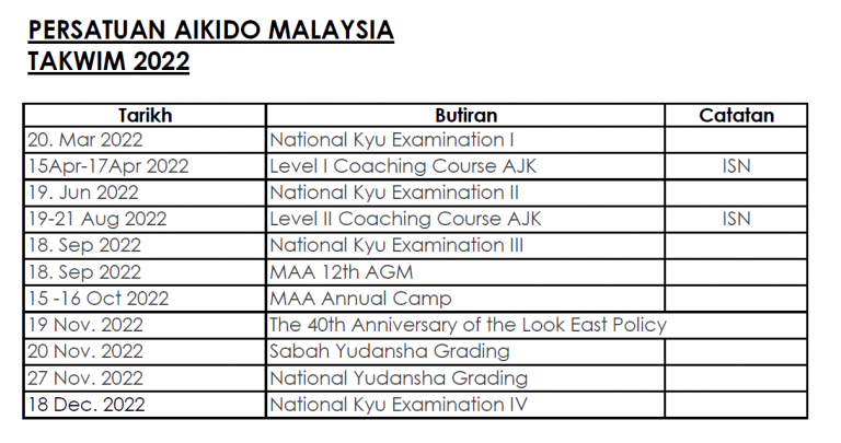 MAA 2022 Schedule | Malaysia Aikido Association