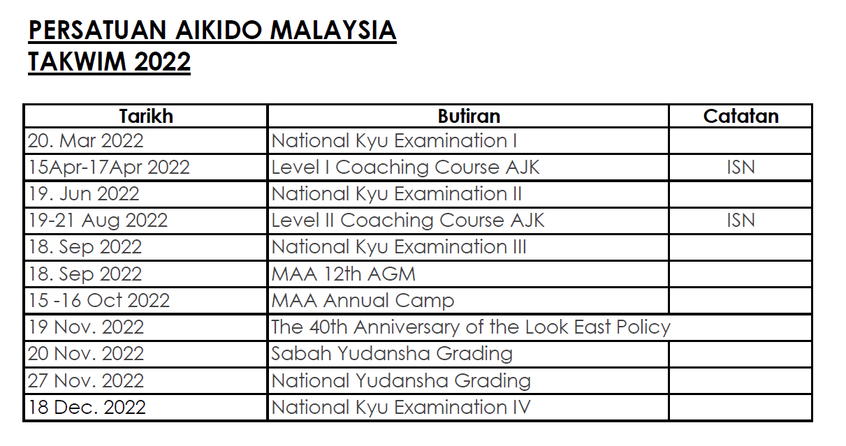 MAA 2022 Schedule | Malaysia Aikido Association